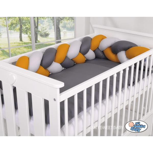 Geflochtene Bettschlange für Babybett - grau-honiggelb-anthrazit