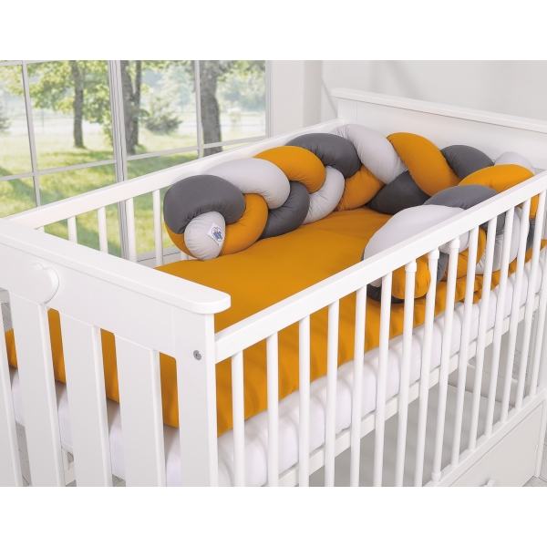 Geflochtene Bettschlange für Babybett - grau-honiggelb-anthrazit