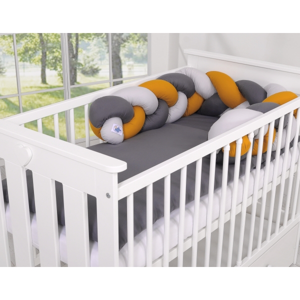 Geflochtene Bettschlange für Babybett - grau-honiggelb-anthrazit