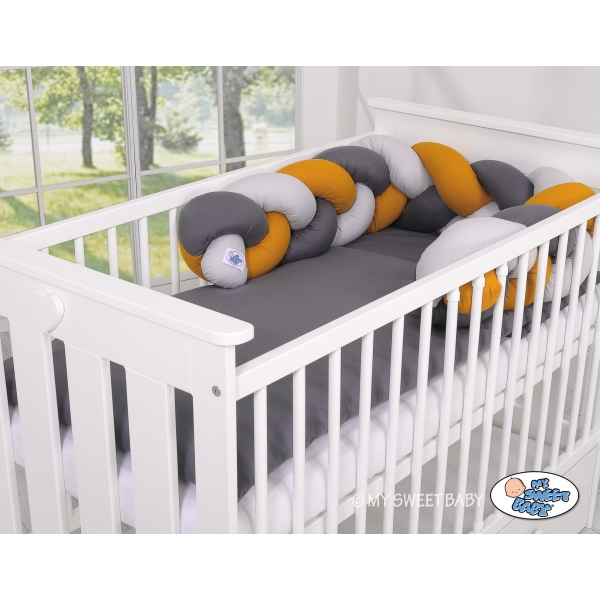 Geflochtene Bettschlange für Babybett - grau-honiggelb-anthrazit