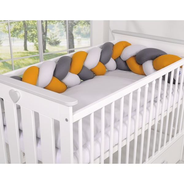 Geflochtene Bettschlange für Babybett - grau-honiggelb-anthrazit