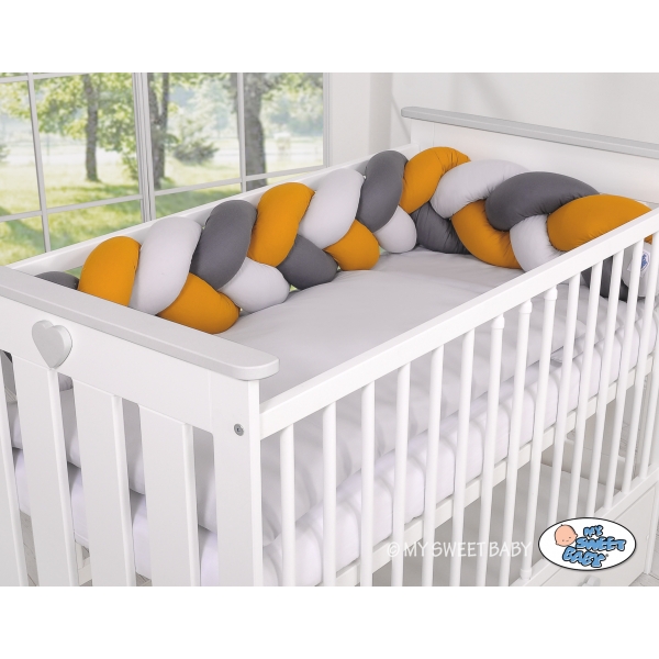 Geflochtene Bettschlange für Babybett - grau-honiggelb-anthrazit