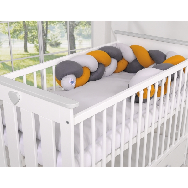 Geflochtene Bettschlange für Babybett - grau-honiggelb-anthrazit