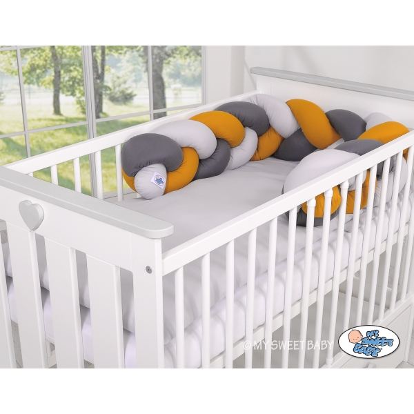 Geflochtene Bettschlange für Babybett - grau-honiggelb-anthrazit