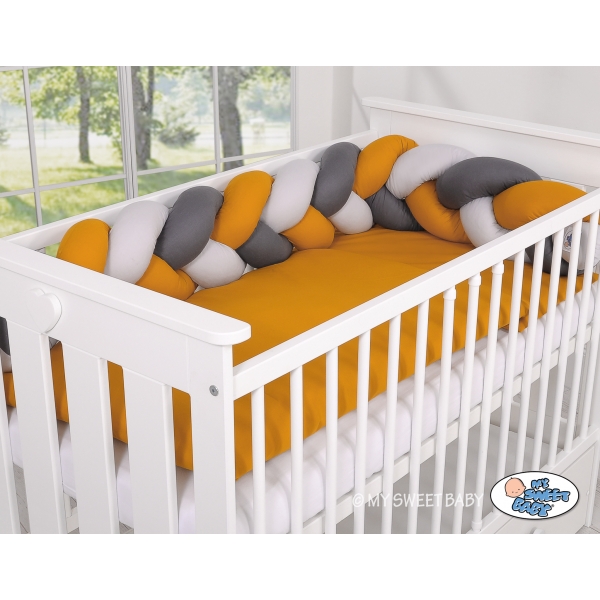 Geflochtene Bettschlange für Babybett - grau-honiggelb-anthrazit