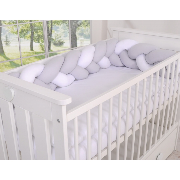 Geflochtene Bettschlange für Babybett - weiß - grau 180 cm