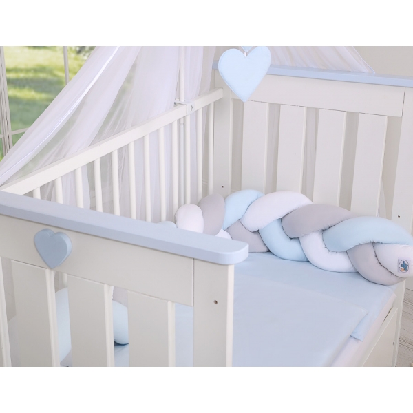 Bettumrandung Zopf für Babybett - weiß-grau-blue Magic Loop