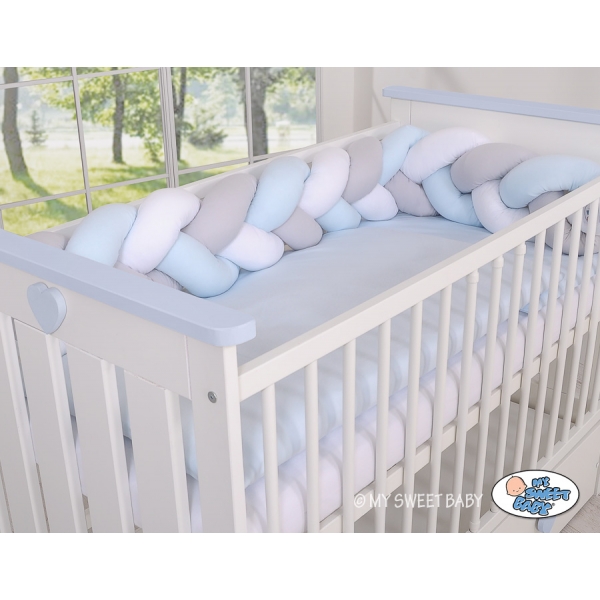Bettumrandung Zopf für Babybett - weiß-grau-blue Magic Loop
