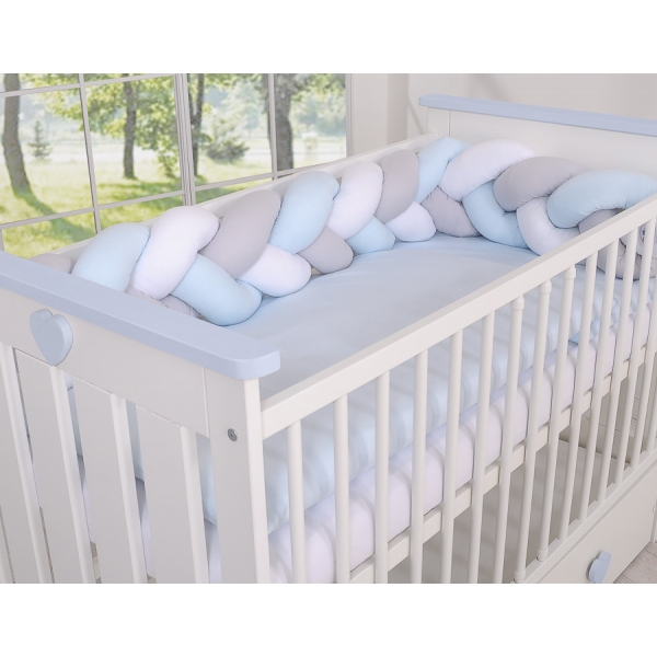 Bettumrandung Zopf für Babybett - weiß-grau-blue Magic Loop