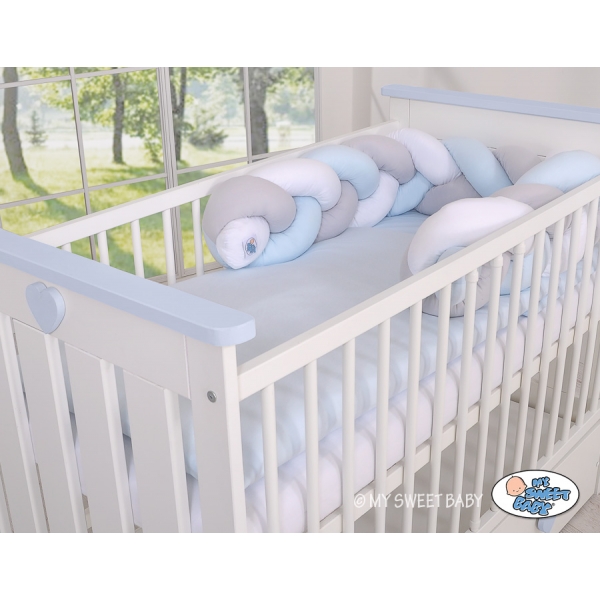 Bettumrandung Zopf für Babybett - weiß-grau-blue Magic Loop
