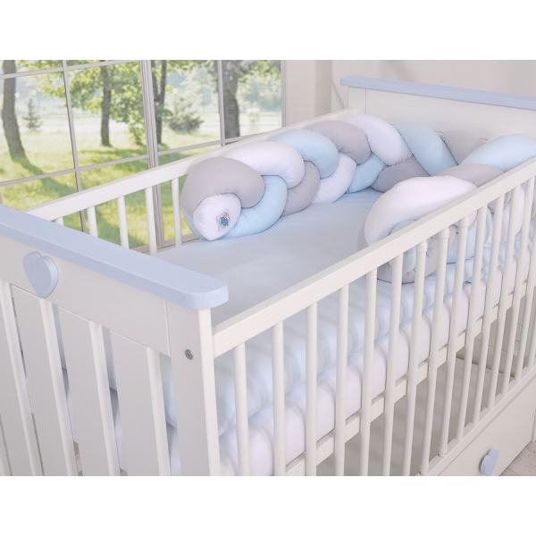 Bettumrandung Zopf für Babybett - weiß-grau-blue Magic Loop