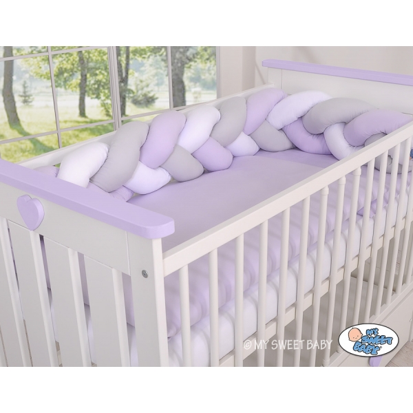 Geflochtene Bettschlange für Babybett - weiß - grau - lila 1.8m