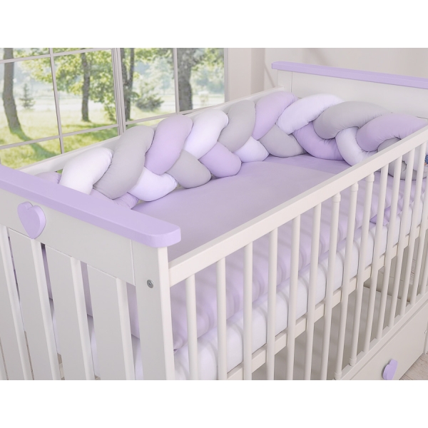 Geflochtene Bettschlange für Babybett - weiß - grau - lila 1.8m