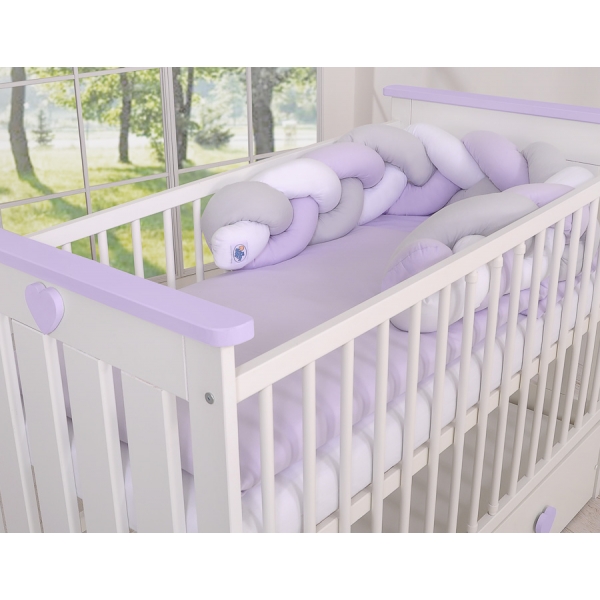 Geflochtene Bettschlange für Babybett - weiß - grau - lila 1.8m
