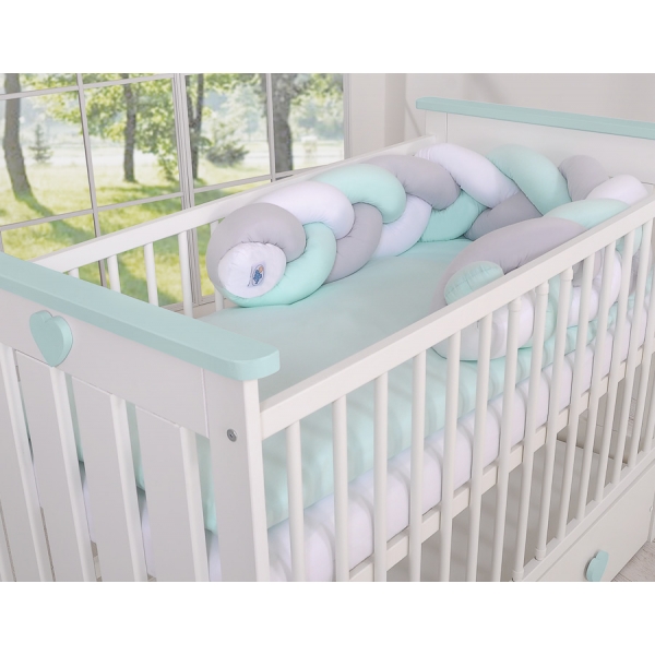 Geflochtene Bettschlange Zopfschlange für Babybett - weiß - grau-minze