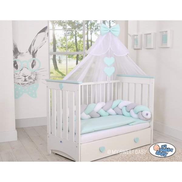 Geflochtene Bettschlange Zopfschlange für Babybett - weiß - grau-minze