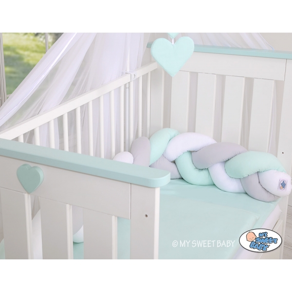 Geflochtene Bettschlange Zopfschlange für Babybett - weiß - grau-minze