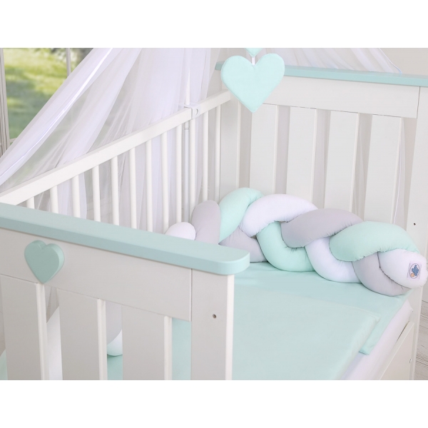 Geflochtene Bettschlange Zopfschlange für Babybett - weiß - grau-minze