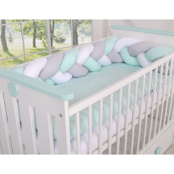 Geflochtene Bettschlange Zopfschlange für Babybett - weiß - grau-minze