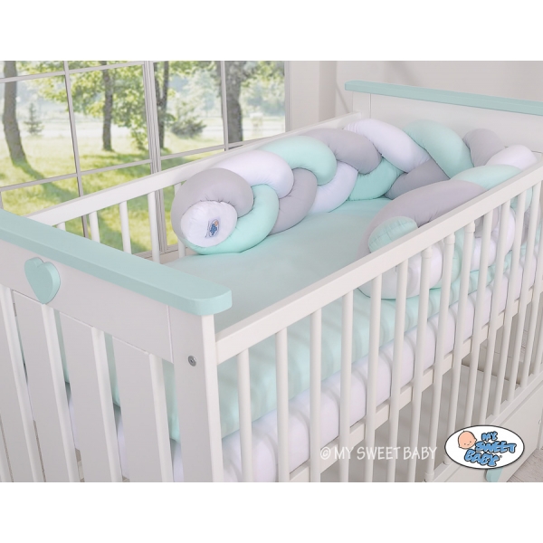 Geflochtene Bettschlange Zopfschlange für Babybett - weiß - grau-minze