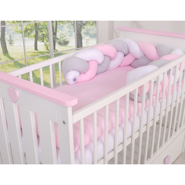 Geflochtene Bettschlange für Babybett - weiß-grau-pink My Sweet Baby