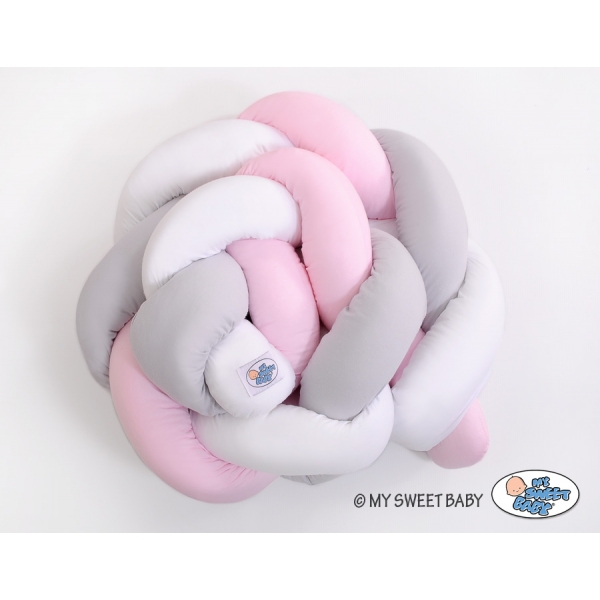 Geflochtene Bettschlange für Babybett - weiß-grau-pink My Sweet Baby