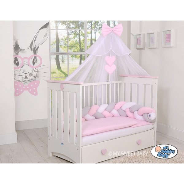 Geflochtene Bettschlange für Babybett - weiß-grau-pink My Sweet Baby