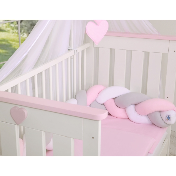 Geflochtene Bettschlange für Babybett - weiß-grau-pink My Sweet Baby