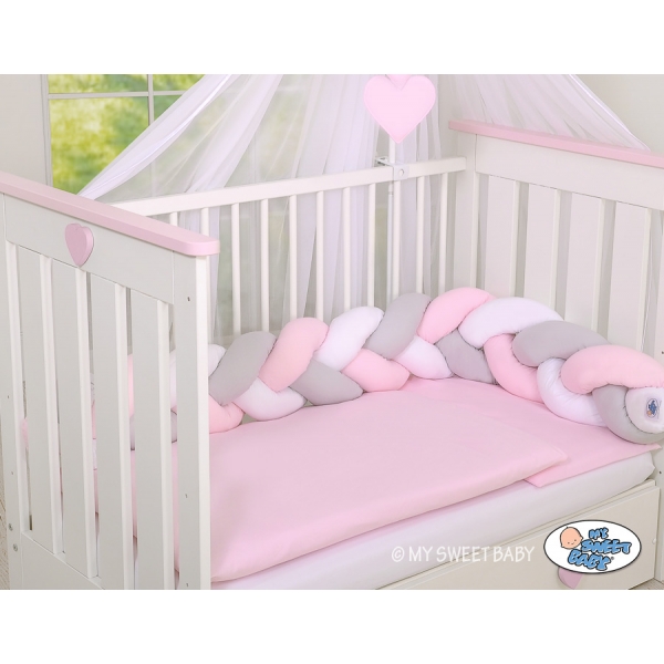 Geflochtene Bettschlange für Babybett - weiß-grau-pink My Sweet Baby