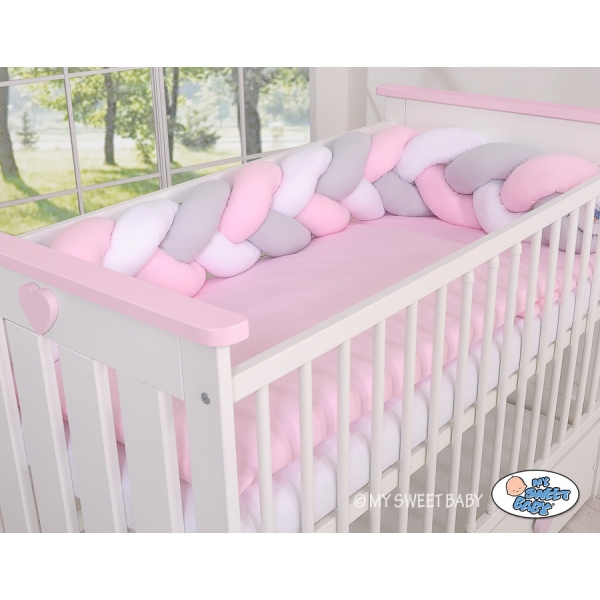 Geflochtene Bettschlange für Babybett - weiß-grau-pink My Sweet Baby