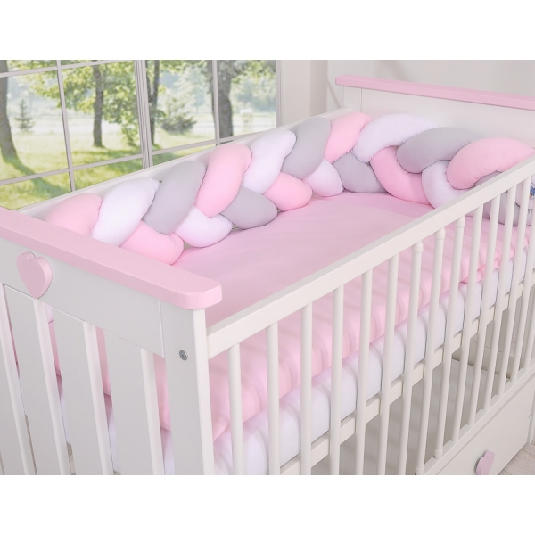 Geflochtene Bettschlange für Babybett - weiß-grau-pink My Sweet Baby