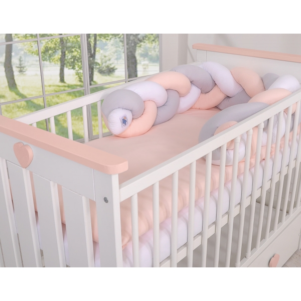 20 cm Hoch Geflochtene Bettschlange für Babybett - weiß-grau-pudderrosapink