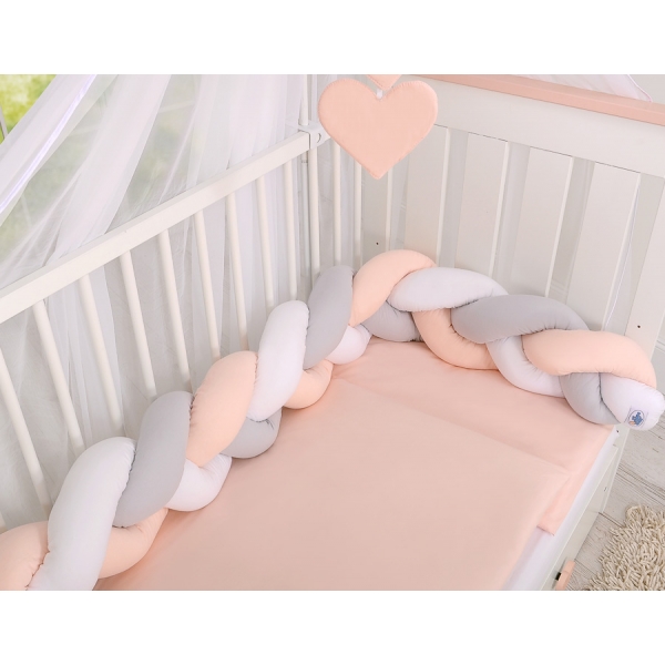 20 cm Hoch Geflochtene Bettschlange für Babybett - weiß-grau-pudderrosapink