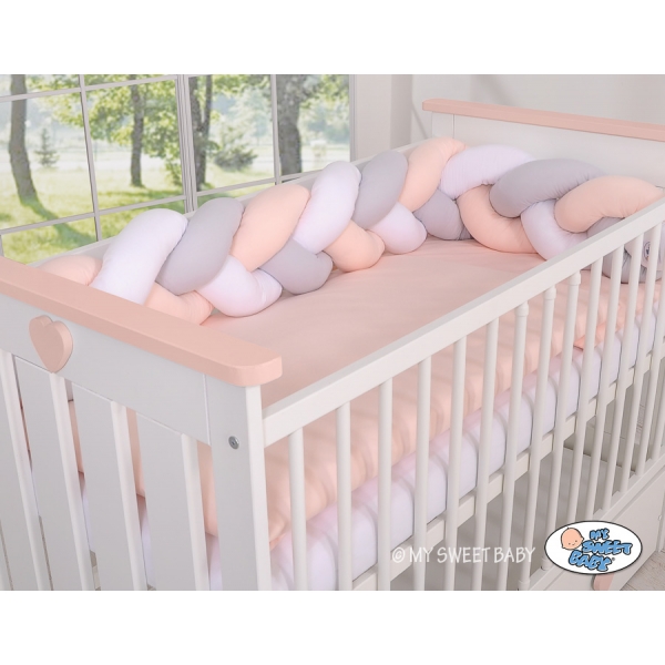 20 cm Hoch Geflochtene Bettschlange für Babybett - weiß-grau-pudderrosapink