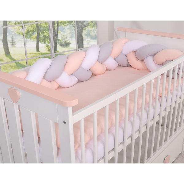20 cm Hoch Geflochtene Bettschlange für Babybett - weiß-grau-pudderrosapink