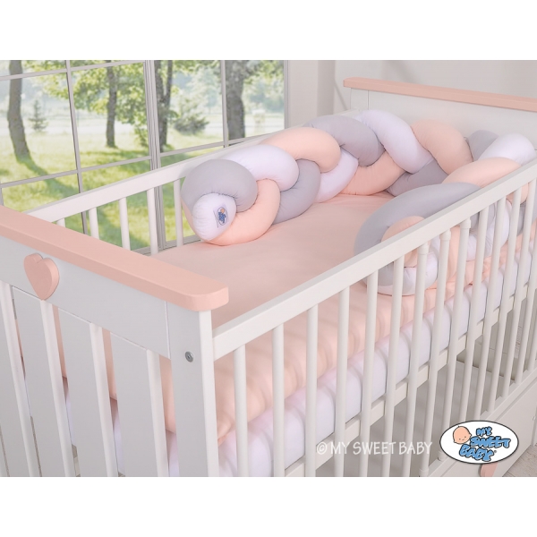 20 cm Hoch Geflochtene Bettschlange für Babybett - weiß-grau-pudderrosapink