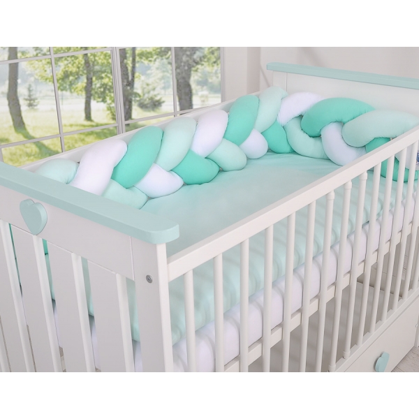 Extra hoch Geflochtene Bettschlange für Babybett - weiß-minze