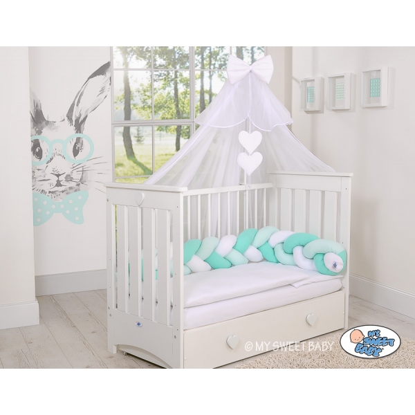 Extra hoch Geflochtene Bettschlange für Babybett - weiß-minze