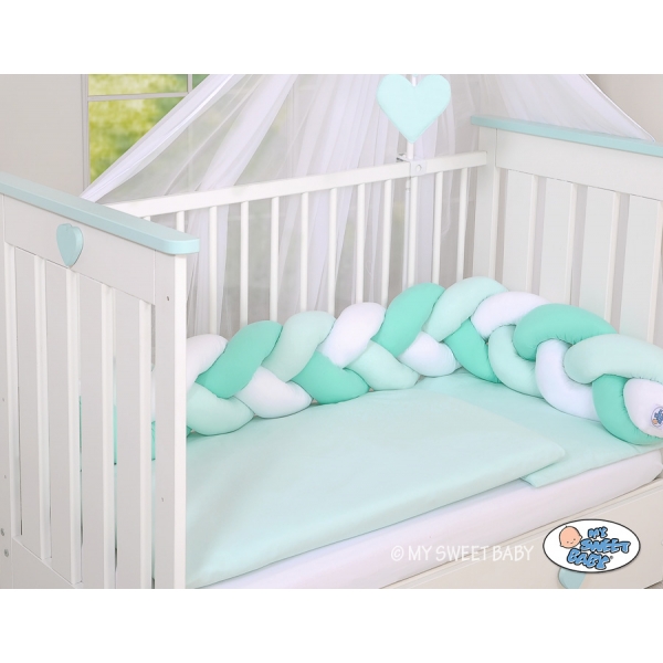 Extra hoch Geflochtene Bettschlange für Babybett - weiß-minze