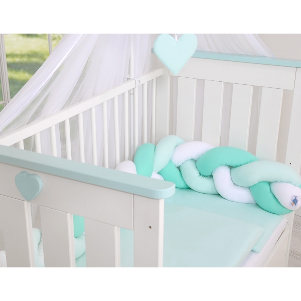 Extra hoch Geflochtene Bettschlange für Babybett - weiß-minze