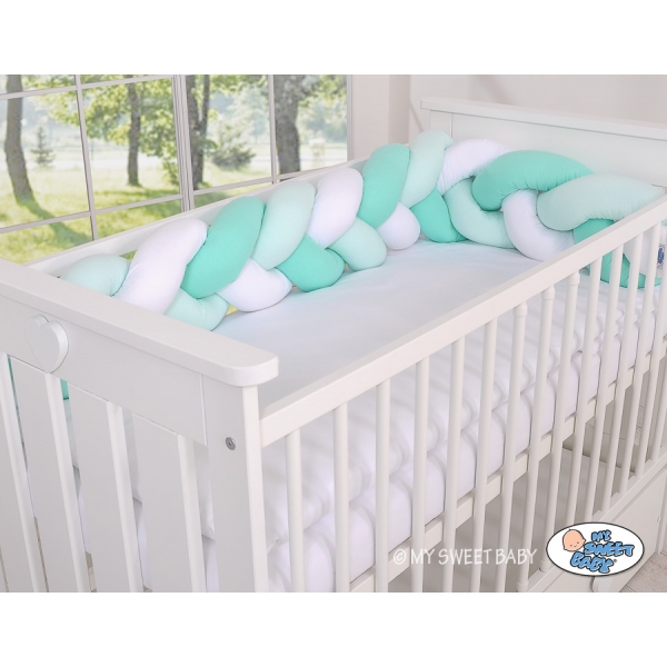 Extra hoch Geflochtene Bettschlange für Babybett - weiß-minze