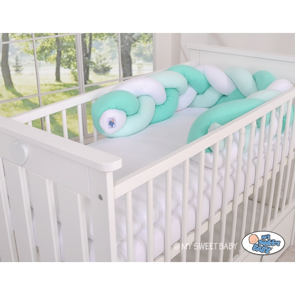 Extra hoch Geflochtene Bettschlange für Babybett - weiß-minze