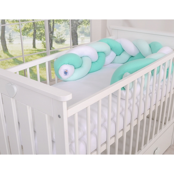 Extra hoch Geflochtene Bettschlange für Babybett - weiß-minze