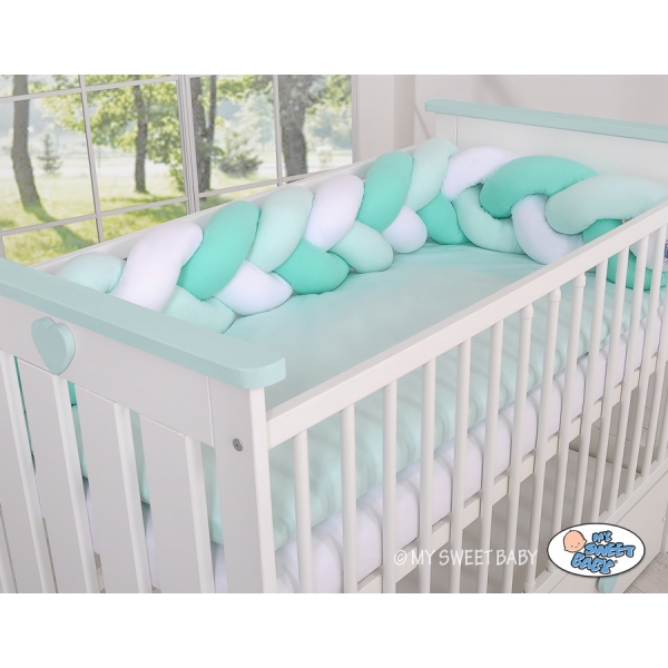 Extra hoch Geflochtene Bettschlange für Babybett - weiß-minze