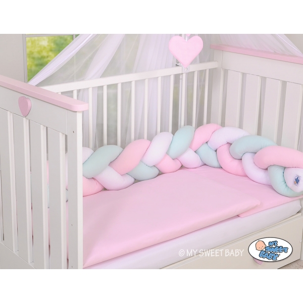 Geflochtene Bettschlange Zopf für Babybett - weiß-rosa-minze