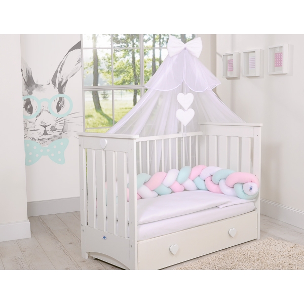 Geflochtene Bettschlange Zopf für Babybett - weiß-rosa-minze
