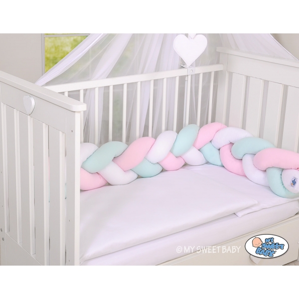 Geflochtene Bettschlange Zopf für Babybett - weiß-rosa-minze