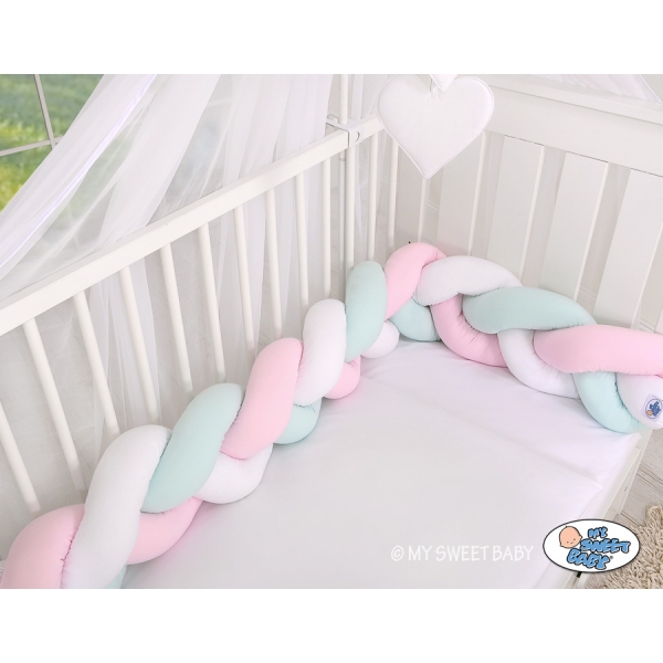 Geflochtene Bettschlange Zopf für Babybett - weiß-rosa-minze