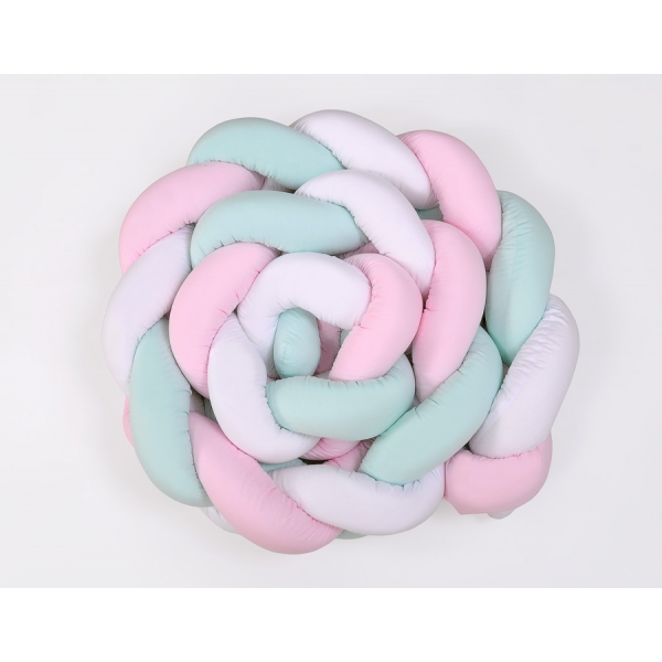 Geflochtene Bettschlange für Babybett XXL Bettumrandung -  weiß-rosa-minze extra lang