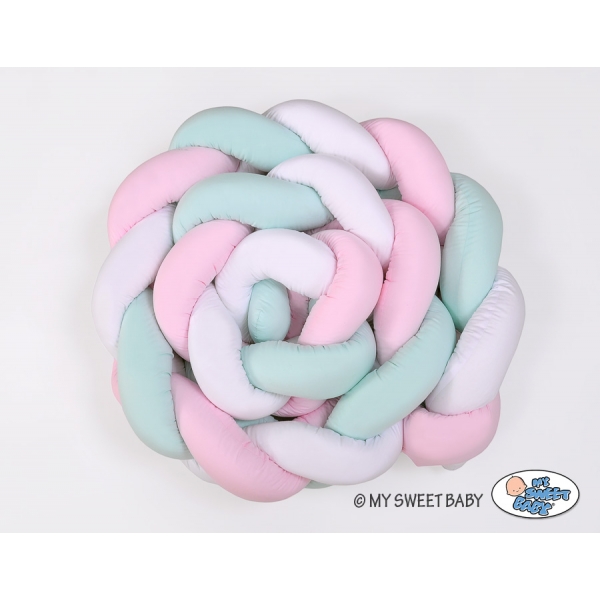 Geflochtene Bettschlange für Babybett XXL Bettumrandung -  weiß-rosa-minze extra lang